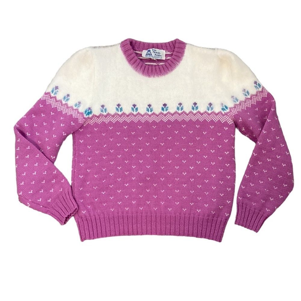 Vintage 80s Top Notch Wool Crewneck Tulip Fair Isle Sweater Handmade in the USA